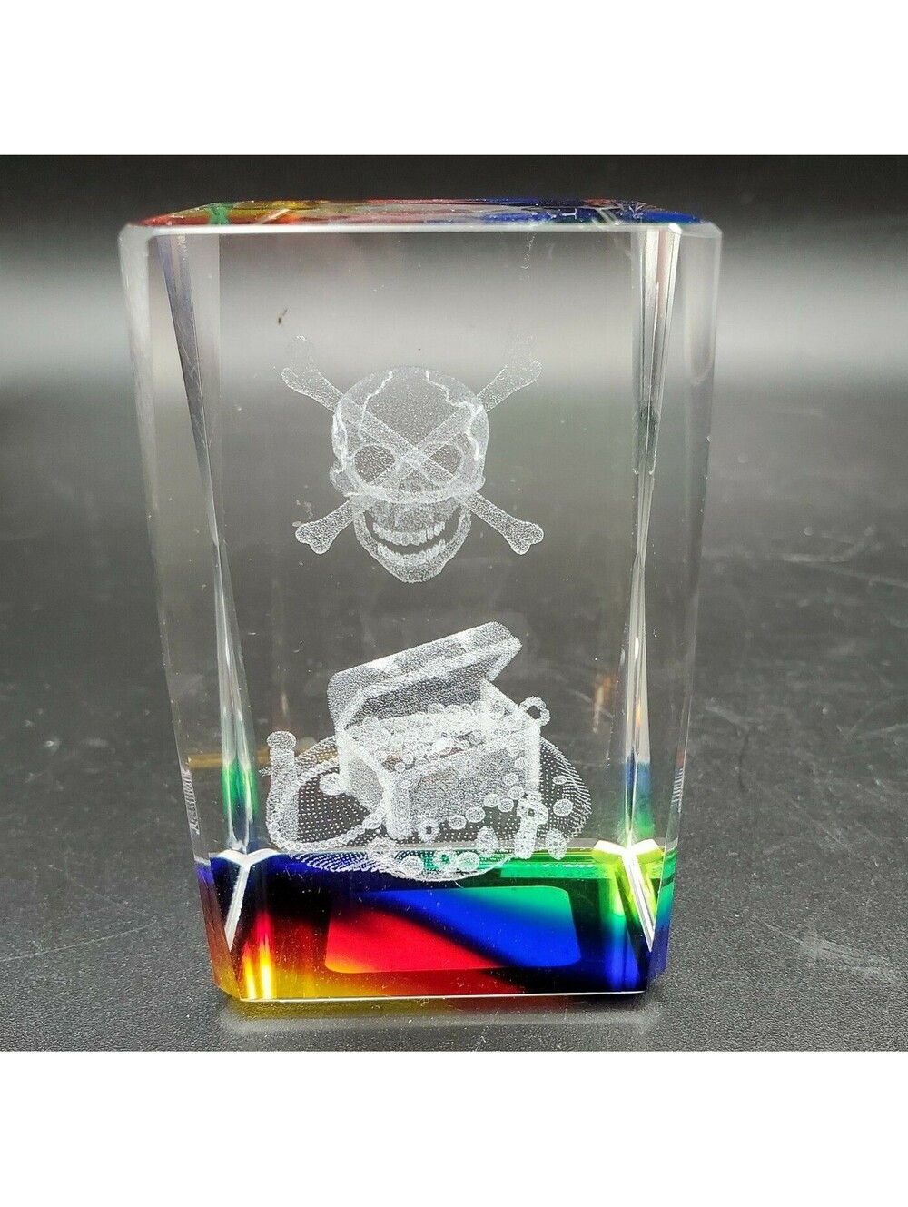 Art Glass Skull & Cross Bones Laser Etched Hologram Paperweight Pirate Treasure